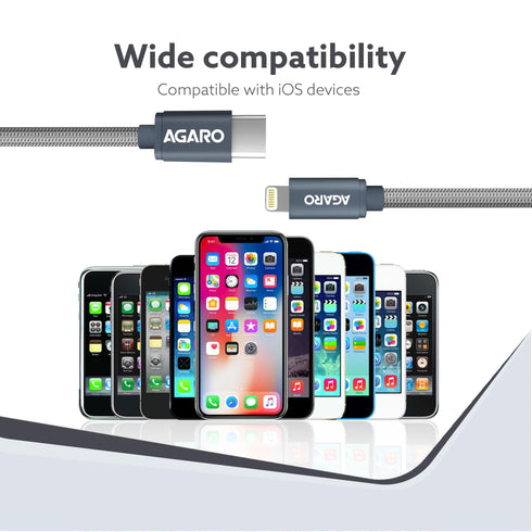 USB C to Lightning Braided Sync & Charge Cable For iPhone, iPad and iPod, Fast Charging Lightning Cable, 3.2 Feet (1M), Grey